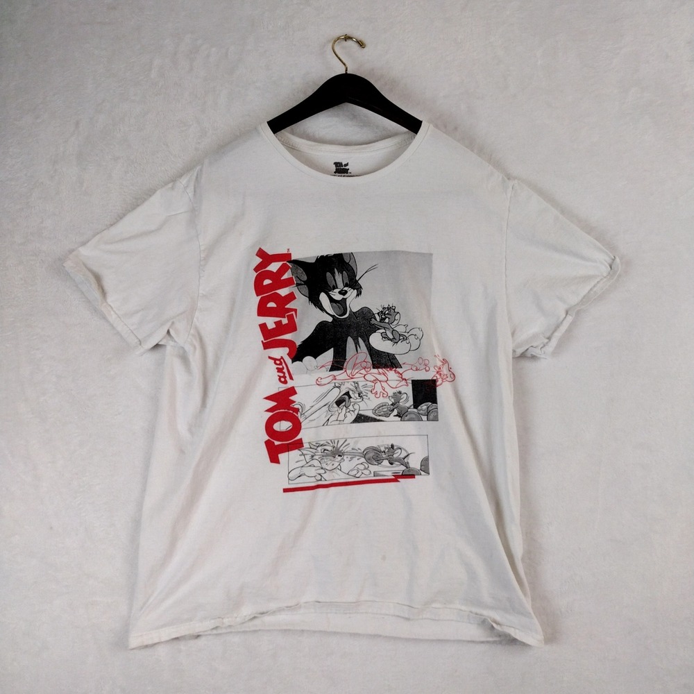 Tom and Jerry Mens Graphic T-Shirt XL White Cotton Cartoon Comic Strip Tee
